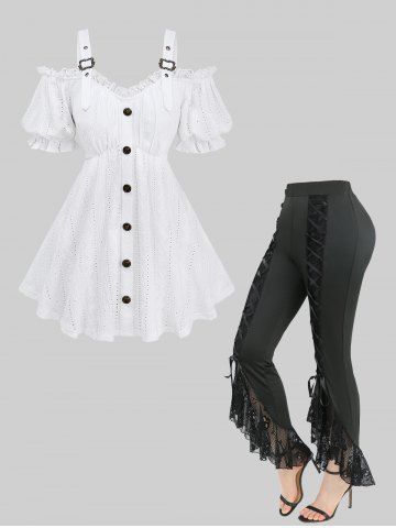 Jacquard Embroidery Pointelle Hollow Out Top and Skull Fishnet Mesh Lace Up Flare Pants Plus Size Outfit - WHITE