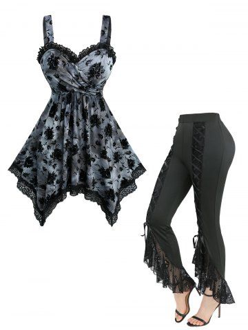 Haut mouchoir croisé à motif floral floqué tie-dye et pantalon évasé à lacets en résille tête de mort, tenue grande taille