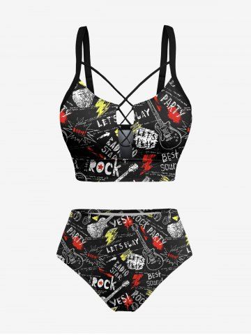 Ensemble haut et bas de tankini à lacets, imprimé graffiti, guitare hawaïenne, grande taille - BLACK