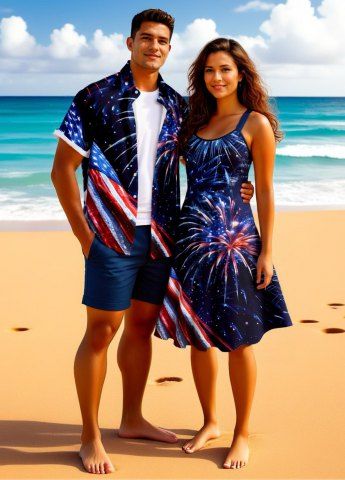 Patriotic American Flag Fireworks Galaxy Print Plus Size Matching Outfit For Couples - DEEP BLUE