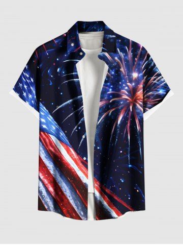 Plus Size Patriotic American Flag Fireworks Galaxy Print Button Pocket Shirt For Men - DEEP BLUE - XL