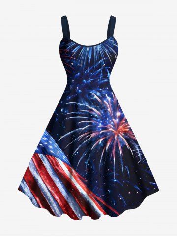 Plus Size Patriotic American Flag Fireworks Galaxy Print A Line Tank Dress - DEEP BLUE - XS