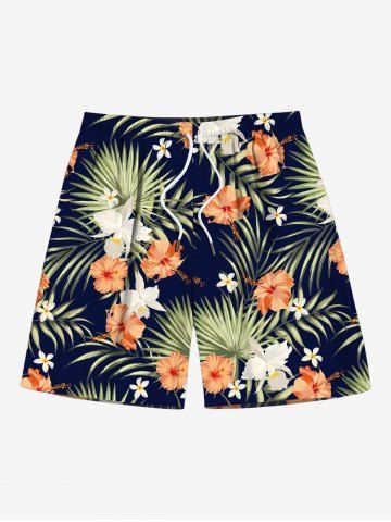 Plus Size Tropical Leaves Hibiscus Floral Print Hawaii Drawstring Beach Shorts For Men - BLACK - 7XL