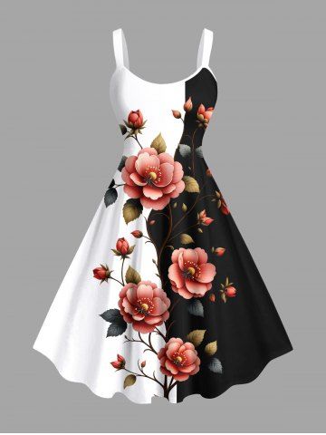 Plus Size Flower Leaf Branch Contrast Colorblock Print Hawaii A Line Tank Dress - BLACK - 5X
