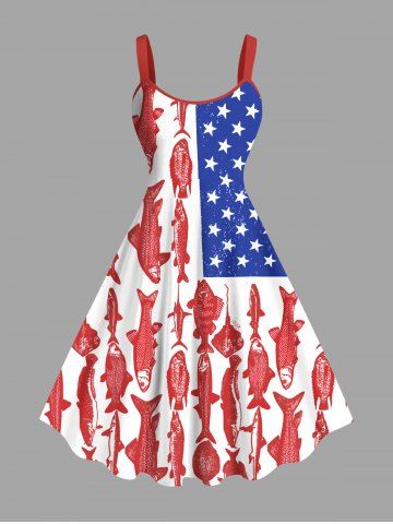 Plus Size Patriotic American Flag Fish Print Tank Dress - RED - 4X