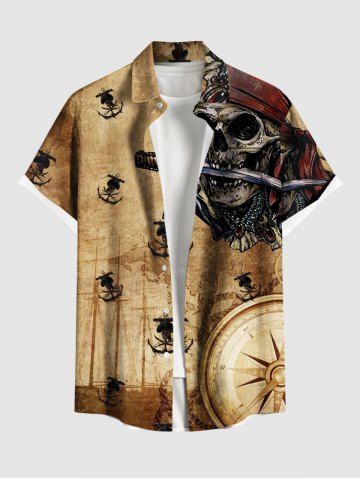 Plus Size Skull Pirate Ship Rudder Anchor Cruise Print Buttons Pocket Hawaii Shirt For Men - COFFEE - L