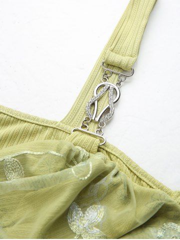Flower Print Embroidery Mesh Surplice Ribbed Tank Top and Hollow Out Crisscross Side Skinny Leggings Plus Size Outfit