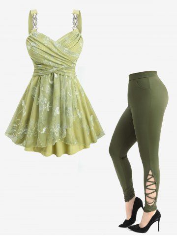 Débardeur côtelé en maille brodée à imprimé floral et legging skinny croisé ajouré sur les côtés, tenue grande taille