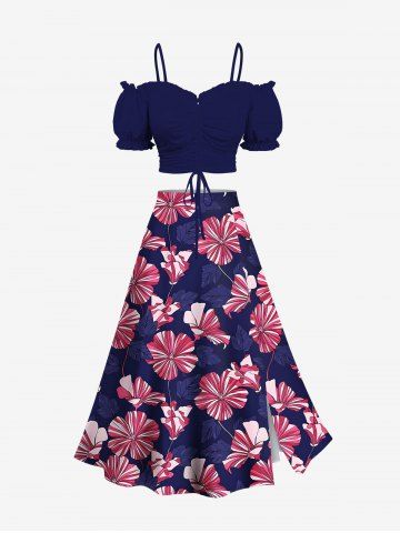 Striped Hibiscus Floral Print Hawaii Plus Size Matching Set