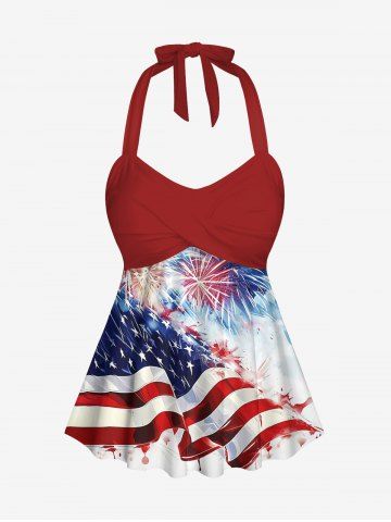 Patriotic American Flag Fireworks Print Twist Halter Backless Tankini Top - RED - L