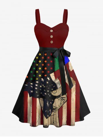 Plus Size Ink Painting Patriotic American Flag Print Button A Line Tank Dress with Removable Belt