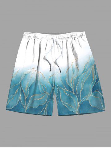 Plus Size Metallic Leaf Ombre Colorblock Print Hawaii Beach Shorts For Men - GREEN - L