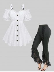 Jacquard Embroidery Pointelle Hollow Out Top and Skull Fishnet Mesh Lace Up Flare Pants Plus Size Outfit -  