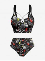 Letters Guitar Graffiti Print Hawaii Rock and Roll Lace Up Tankini Top and Bottom Plus Size Matching Set -  