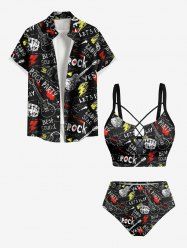 Maillot de bain grande taille avec imprimé graffiti et guitare, tenue de plage hawaïenne assortie pour couples - Noir 