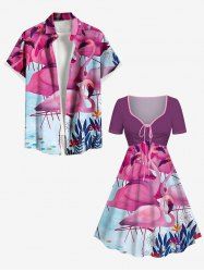 Tenue de plage hawaïenne assortie grande taille à imprimé flamant rose, fleur, feuille, poisson, pour couples - Rouge 