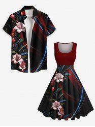Tenue de plage hawaïenne assortie grande taille à imprimé floral et feuilles ombré pour couples - Noir 