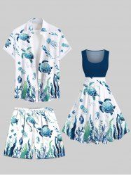 Tenue de plage hawaïenne assortie grande taille avec imprimé méduses, algues, hippocampes, tortues et poissons, pour couples - Blanc 
