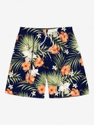 Plus Size Tropical Leaves Hibiscus Floral Print Hawaii Drawstring Beach Shorts For Men -  