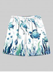 Plus Size Jellyfish Waterweed Seahorse Turtle Fish Print Hawaii Sea Creatures Drawstring Beach Shorts For Men -  