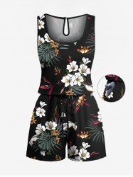 Plus Size Tropical Leaf Flower Print Hawaii Drawstring Pocket Romper -  