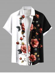 Plus Size Flower Leaf Branch Contrast Colorblock Print Hawaii Button Pocket Shirt For Men -  