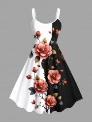 Plus Size Flower Leaf Branch Contrast Colorblock Print Hawaii A Line Tank Dress -  