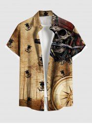 Chemise hawaïenne grande taille avec imprimé tête de mort, bateau pirate, gouvernail, ancre, croisière, boutons, poche, pour homme - café XL