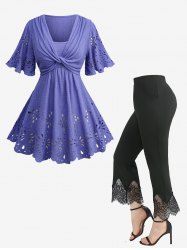 Hollow Out Twist Floral Plisse Top and Scalloped Tassel Lace Trim Flare Pants Plus Size Outfit -  