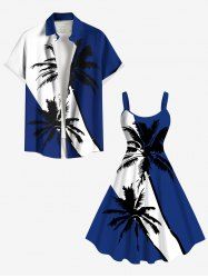Tenue de plage hawaïenne assortie grande taille à imprimé cocotiers et blocs de couleurs pour couples - NOIR 