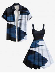 Tenue de plage hawaïenne assortie grande taille à imprimé ombré et colorblock Seacoast pour couples - Bleu 