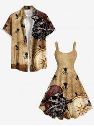 Tenue de plage hawaïenne assortie grande taille pour couple, motif tête de mort, bateau pirate, gouvernail, ancre, croisière - café 