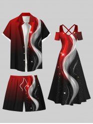 Galaxy Light Beam Colorblock Curve Glitter 3D Print Plus Size Matching Hawaii Beach Outfit For Couples -  