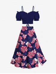 Ensemble assorti grande taille à imprimé floral hibiscus rayé Hawaii - Bleu profond 