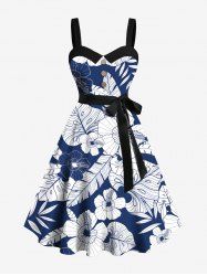 Plus Size Tropical Leaf Hibiscus Flower Print Buttons Turn Down Collar Hawaii Dress With Belt -  