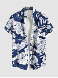 Plus Size Tropical Leaf Hibiscus Flower Print Buttons Pocket Hawaii Shirt For Men -  