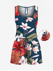 Plus Size Hibiscus Flowers Leaf Tropical Print Cinched Hawaii Romper -  