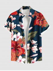 Plus Size Hibiscus Flowers Leaf Tropical Print Buttons Pocket Hawaii Shirt For Men -  