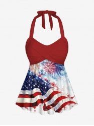 Patriotic American Flag Fireworks Print Twist Halter Backless Tankini Top -  