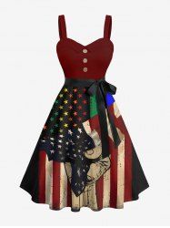 Robe débardeur trapèze boutonnée grande taille avec imprimé drapeau américain patriotique et ceinture amovible - Rouge foncé XS