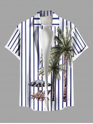 Plus Size Striped Coconut Tree Deck Chairs Parquet Print Hawaii Button Pocket Shirt For Men -  