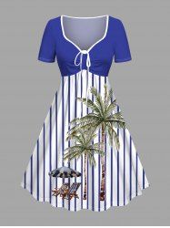 Robe trapèze cintrée hawaïenne grande taille à rayures et imprimé parquet, avec chaises longues et cocotiers - Bleu profond S