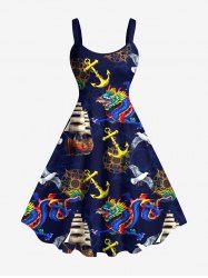 Robe débardeur grande taille à imprimé dragon, ancre, voilier, oiseau, croisière hawaïenne, coupe trapèze - Noir 4X