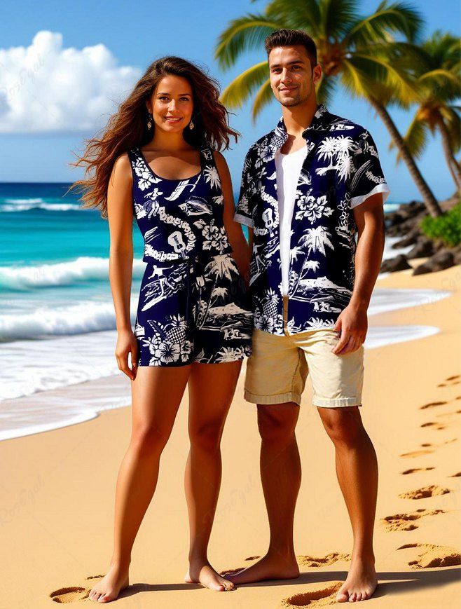 Ensemble chemise et barboteuse hawaïennes assorties, grande taille, tenue de plage, imprimé cocotier, mer, hibiscus, fleur, ananas, pour couples Noir 