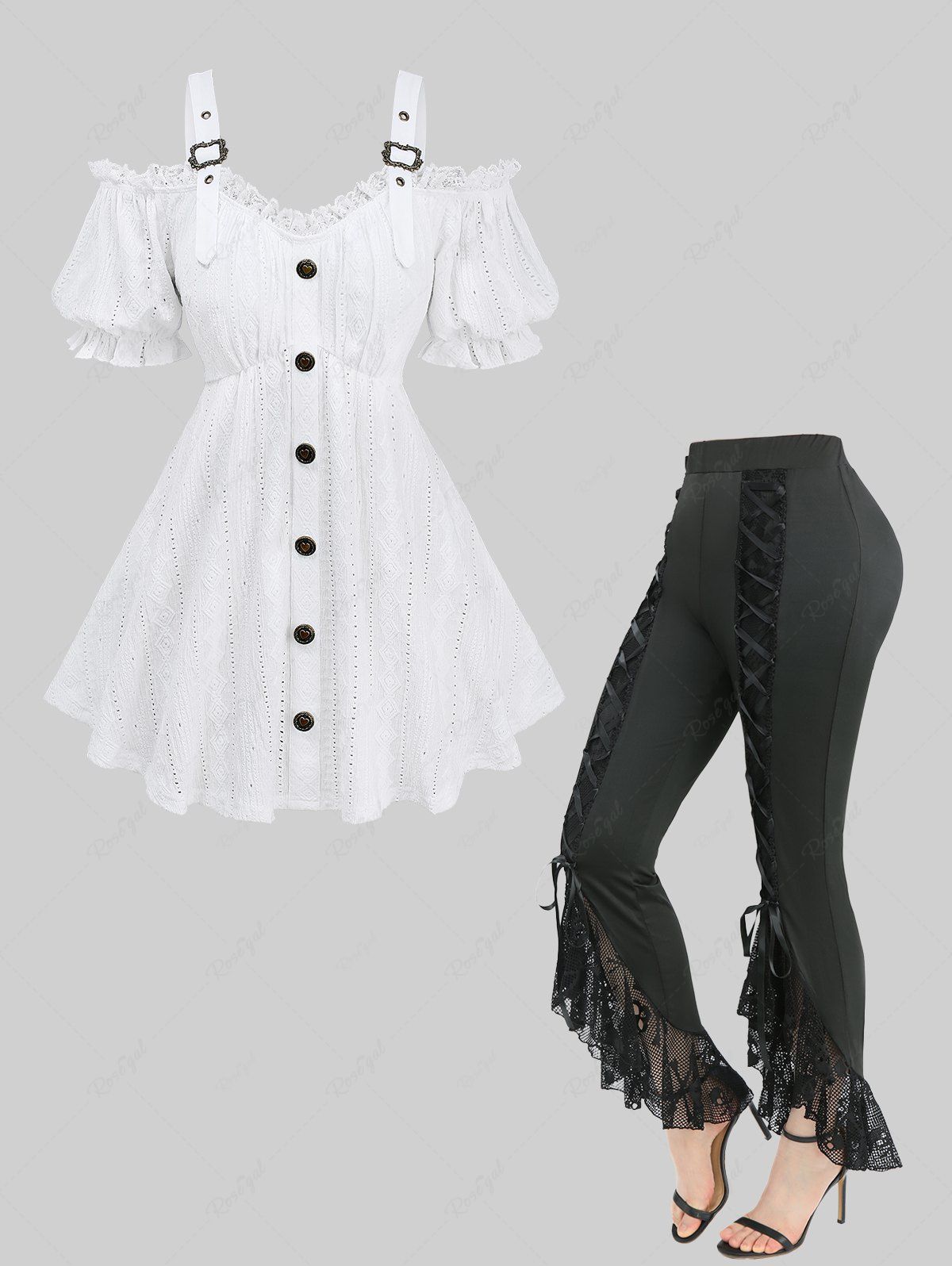 Unique Jacquard Embroidery Pointelle Hollow Out Top and Skull Fishnet Mesh Lace Up Flare Pants Plus Size Outfit  