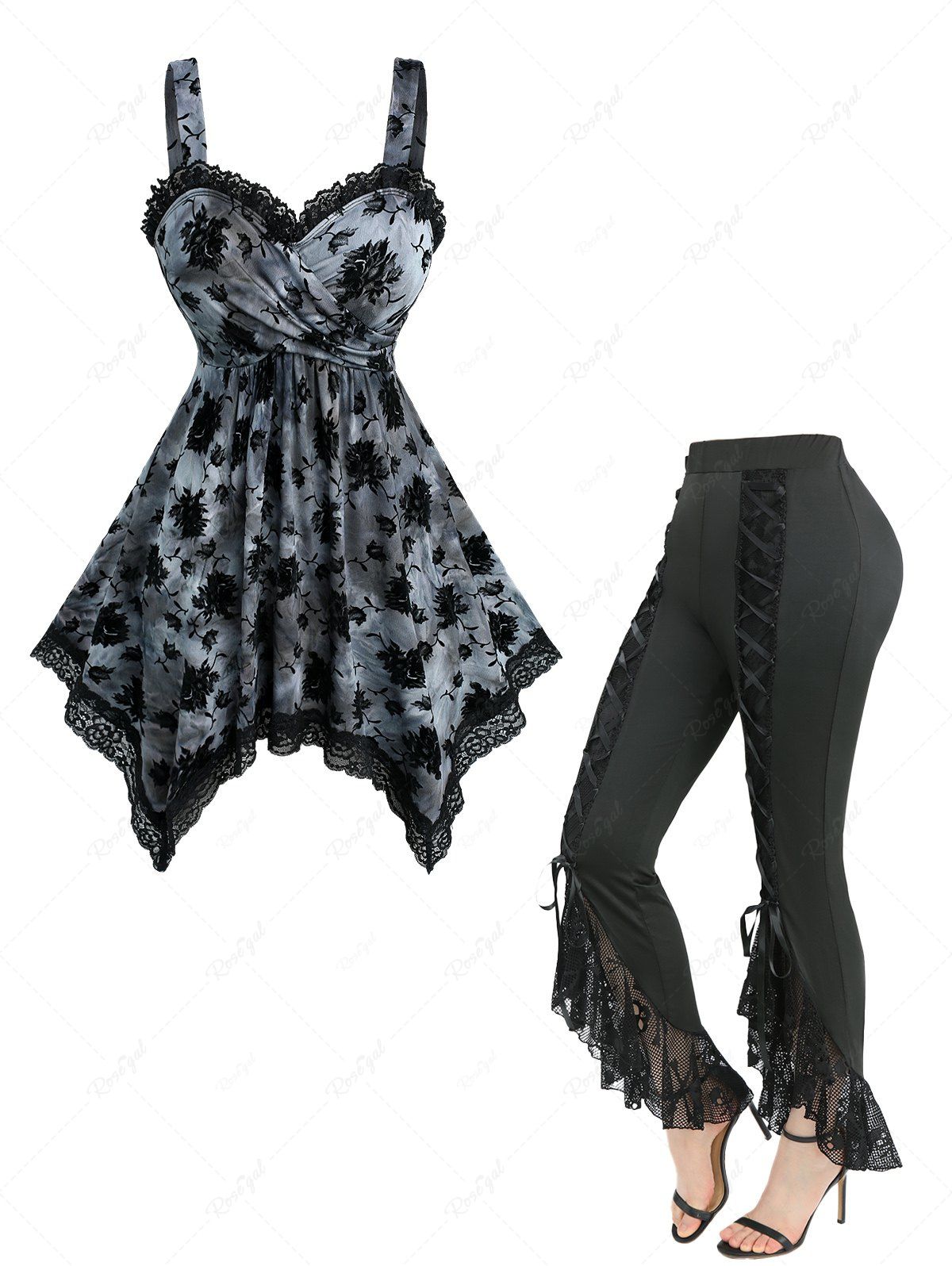 Fashion Flower Flocking Tie Dye Crossover Handkerchief Top and Skull Fishnet Mesh Lace Up Flare Pants Plus Size Outfit  