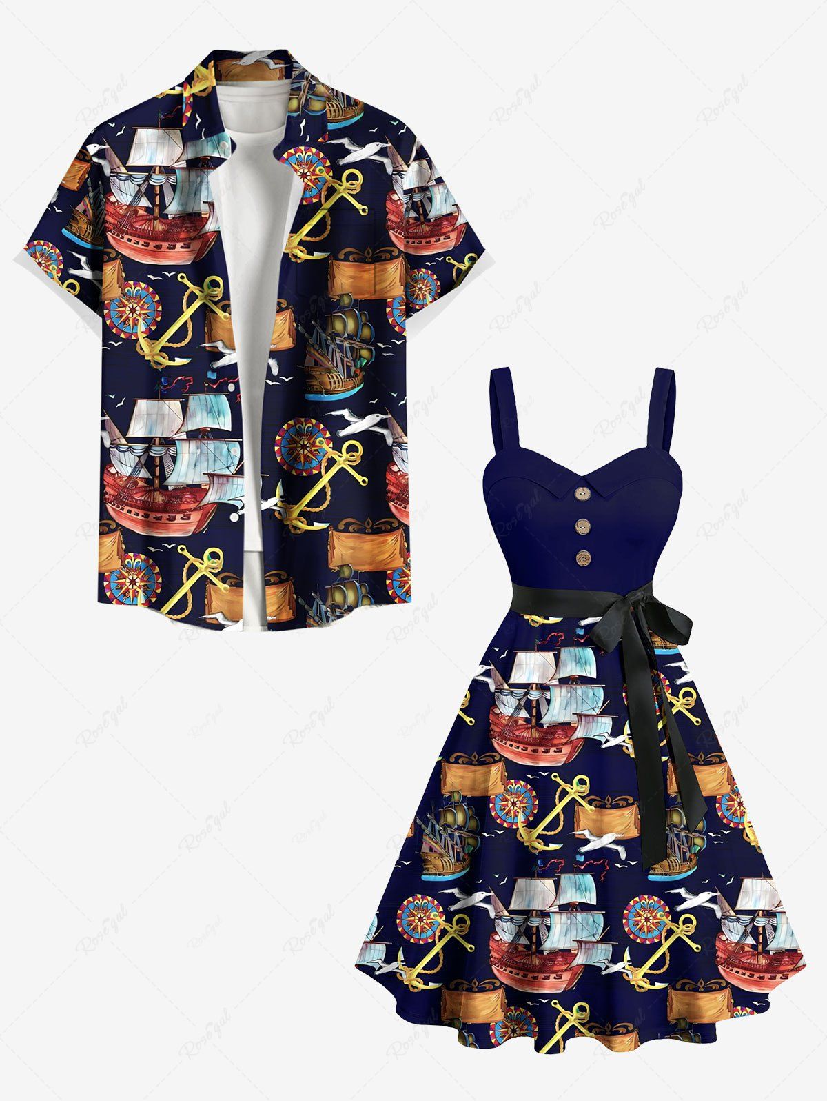 Shops Sailboat Anchor Print Plus Size Matching Hawaii Cruise Beach Outfit For Couples  