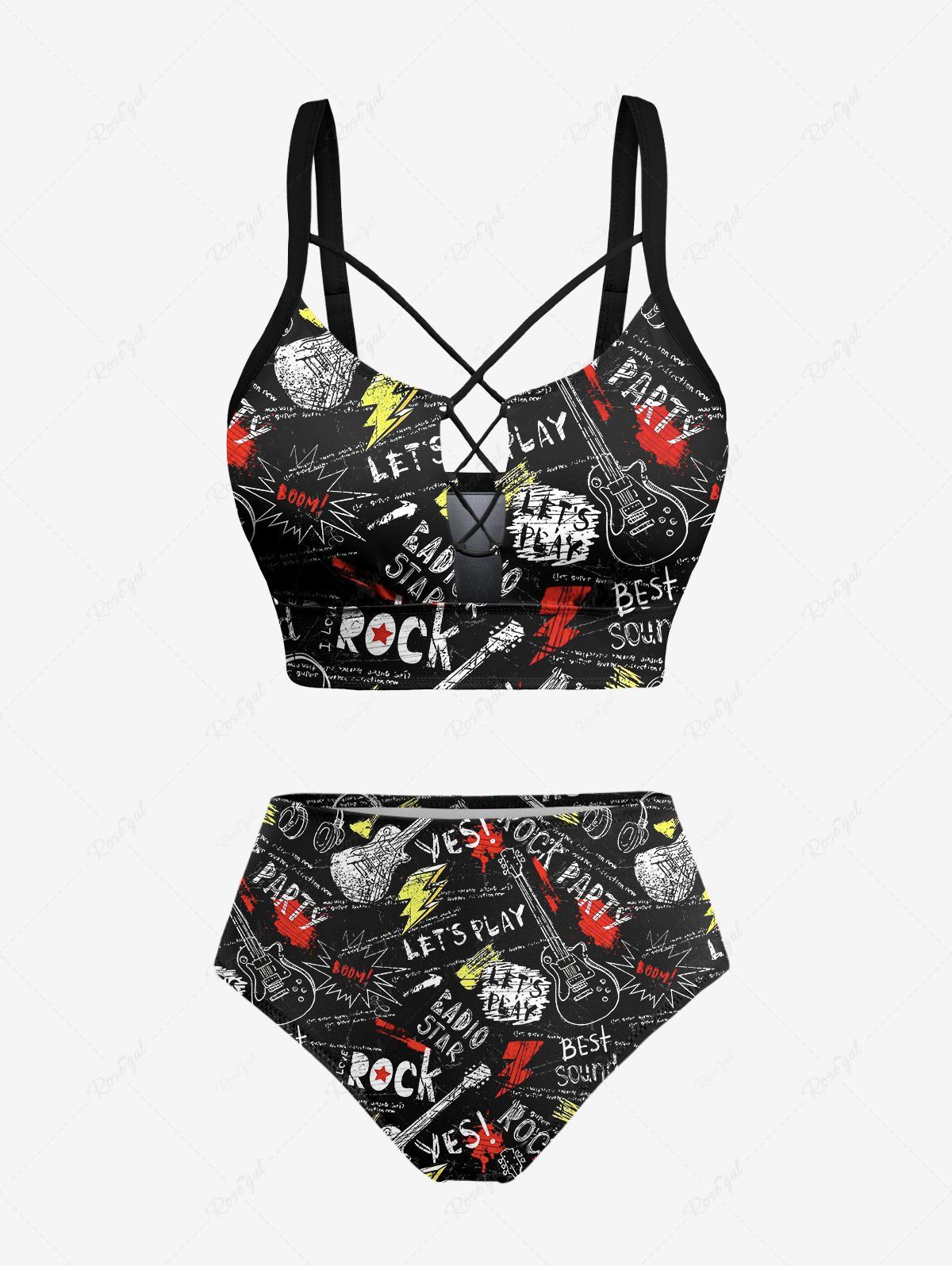 Sale Letters Guitar Graffiti Print Hawaii Rock and Roll Lace Up Tankini Top and Bottom Plus Size Matching Set  