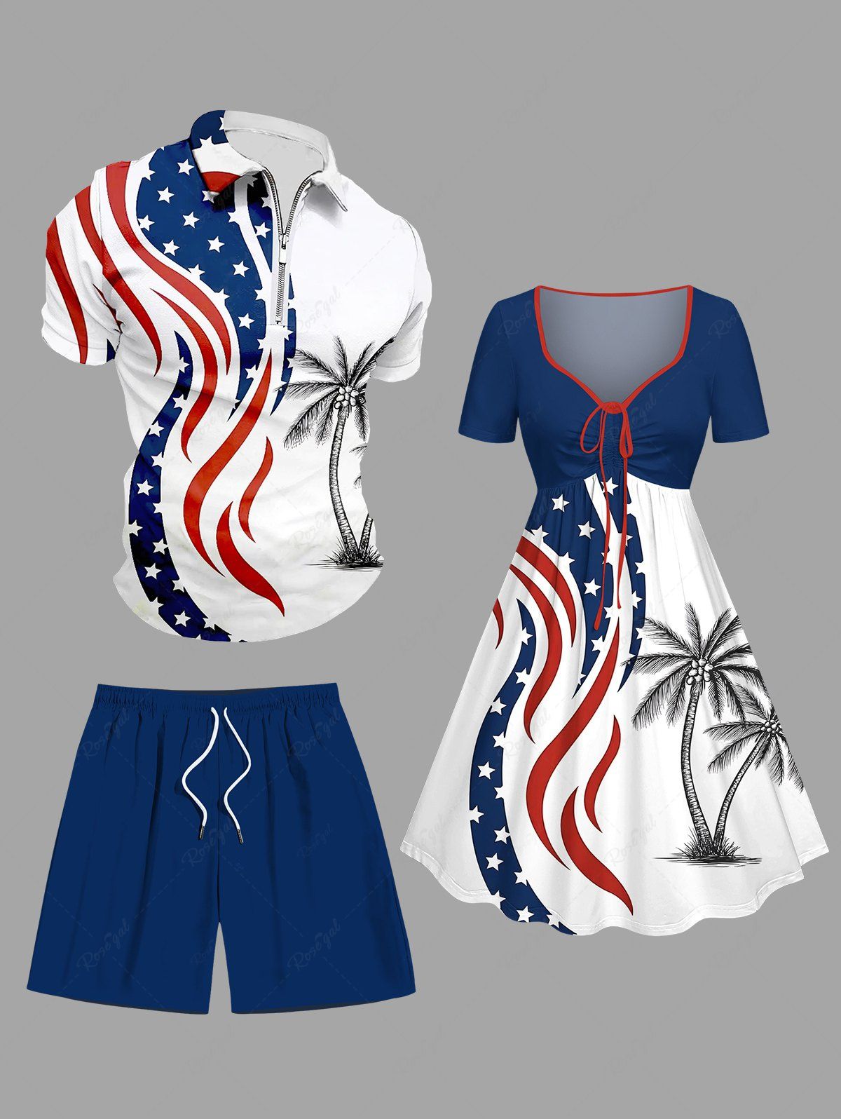 Outfits Patriotic American Flag Coconut Tree Print Plus Size Matching Outfit For Couples  