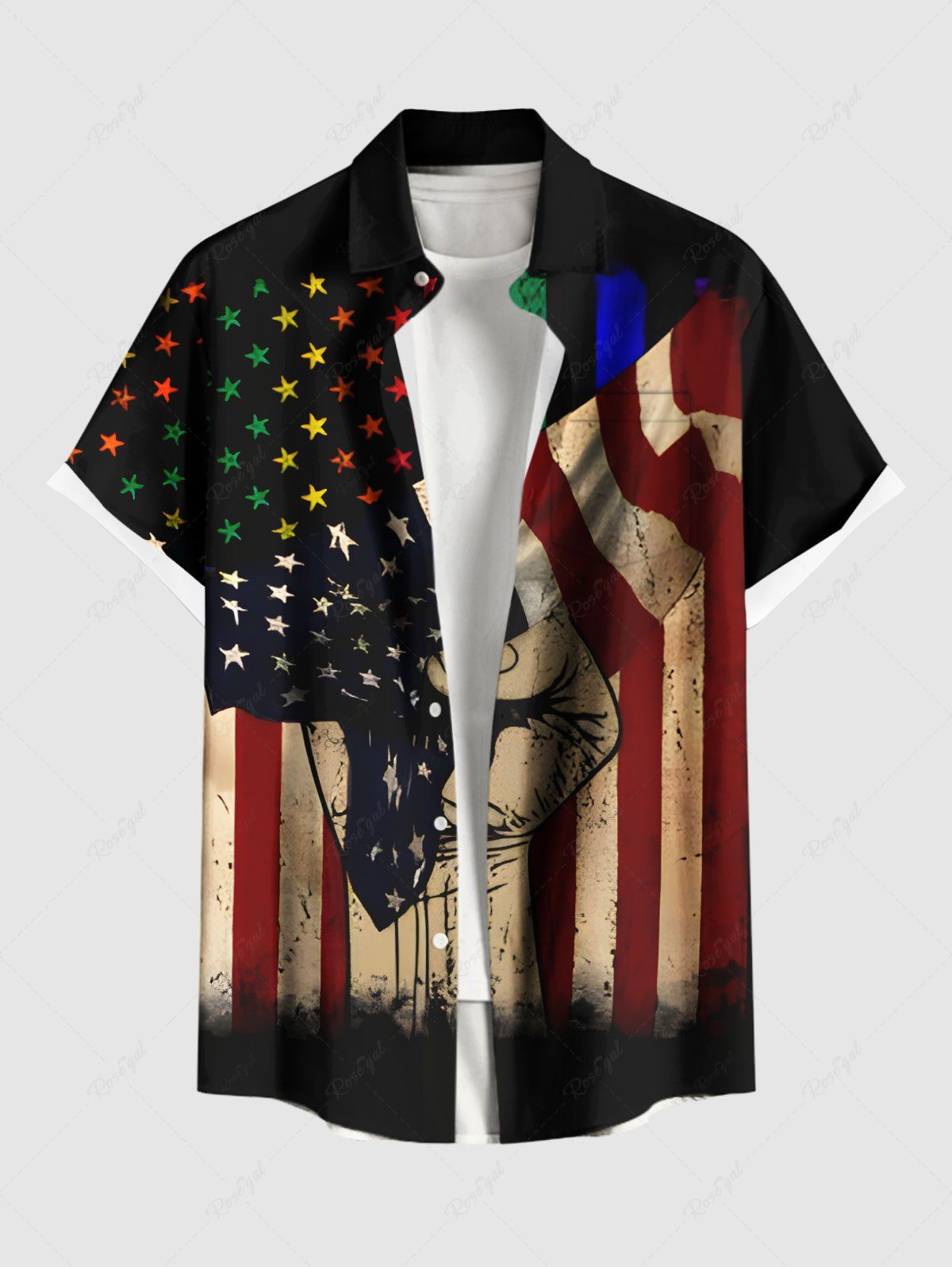 New Plus Size Ink Painting Patriotic American Flag Print Button Pocket Shirt For Men  